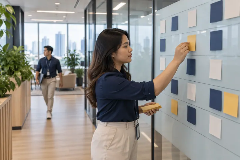 An operations coordinator organising a glass planning wall.