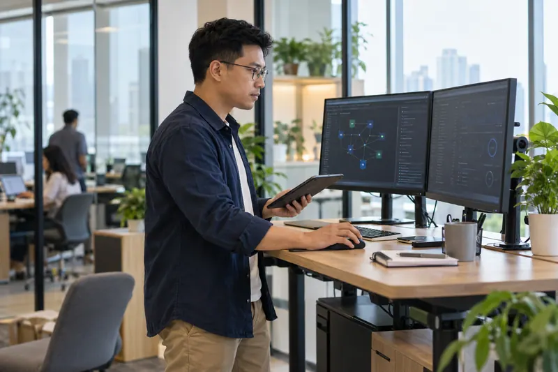 An IT engineer reviewing diagnostics at a standing workstation in a bright office.