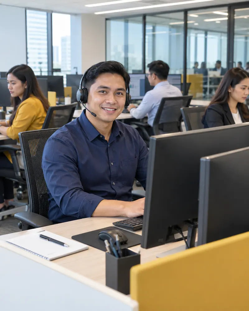 Illustrative scene of a sales specialist working alongside colleagues in an open-plan office.